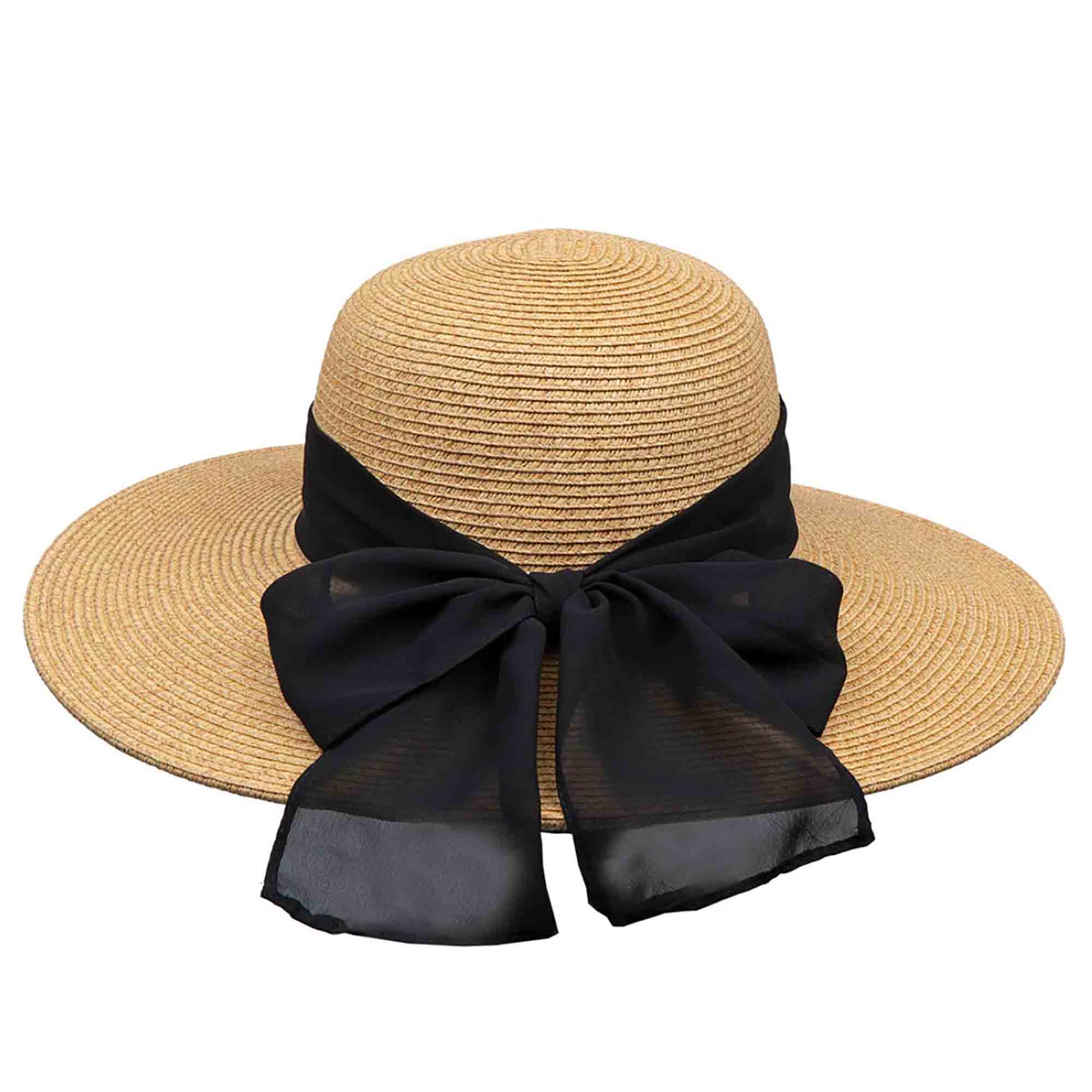 Straw Sun Hat with Chiffon Bow - Karen Keith Hats Wide Brim Sun Hat Great hats by Karen Keith BT31-M Toast / Black M/L (58.5 cm)