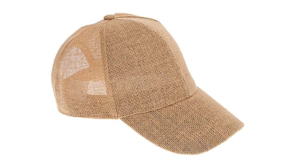 Petite size straw baseball cap. Six panel with button top. Airy straw mesh back with velcro closure