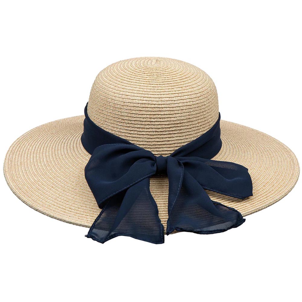 Straw Sun Hat with Chiffon Bow - Karen Keith Hats Wide Brim Sun Hat Great hats by Karen Keith BT31-O Natural / Navy M/L (58.5 cm)