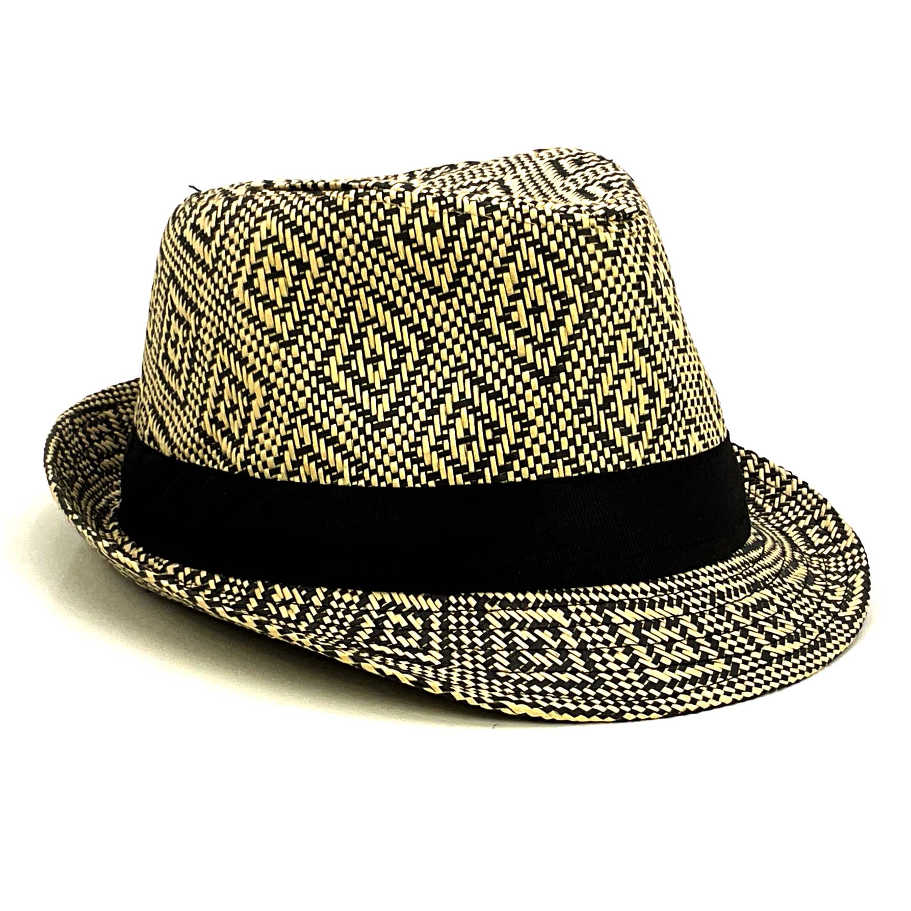 Summer Trilby Hat with Geometric Pattern Fedora Hat JEL Natural / Black S/M