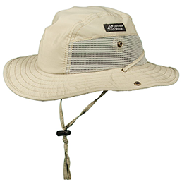 Beige trail hat with mesh crown and chin strap on a white background