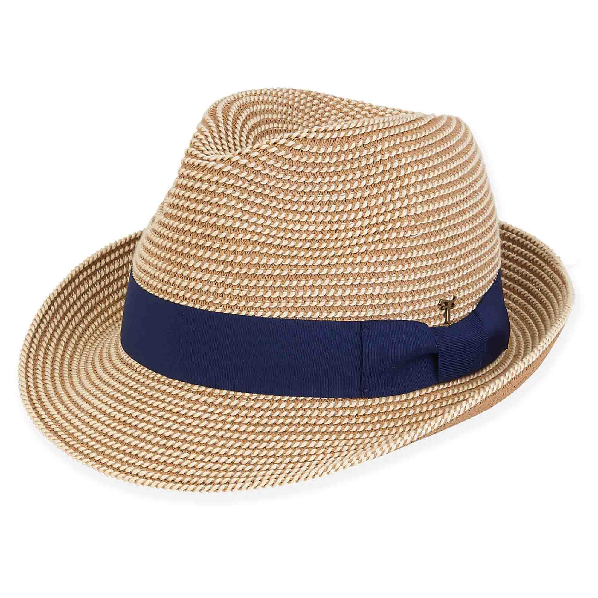 Two Tone Fedora Hat with Navy Band - Tidal Tom™ Fedora Hat Tidal Tom HTT1117-ML Tan M/L (23 1/4") 