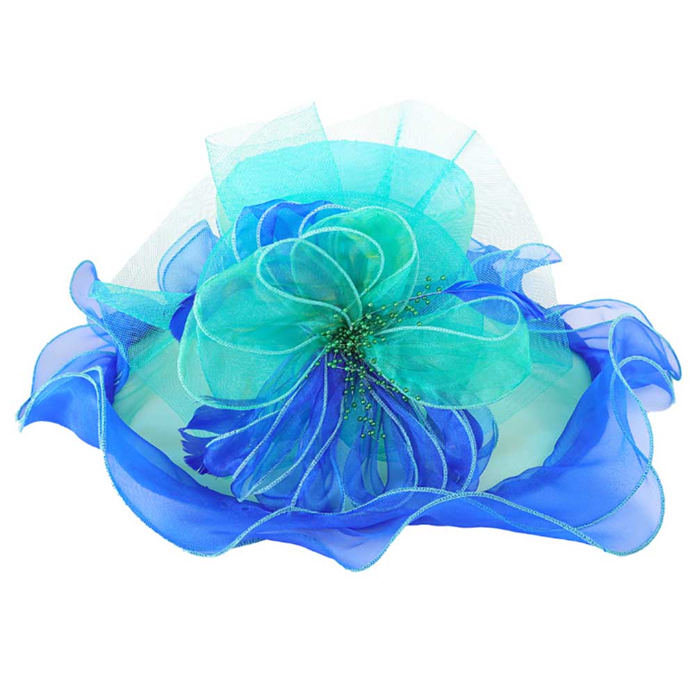 Two Tone Ruffle Edge Flower and Beads Center Derby Hat - Something Special Hats Dress Hat Something Special LA HTO2597BG Blue/Green  