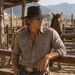 A man in a western outfit, including a black cowboy hat, a brown long-sleeve button-up shirt, and a large silver concho belt buckle, leans against a wooden fence in a rustic outdoor setting with a horse in the background.