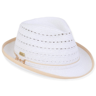 Vented Crown Fedora with Gold Chain Detail - Sun 'n' Sand® Fedora Hat Sun N Sand Hats HH2820A White OS (57 cm)