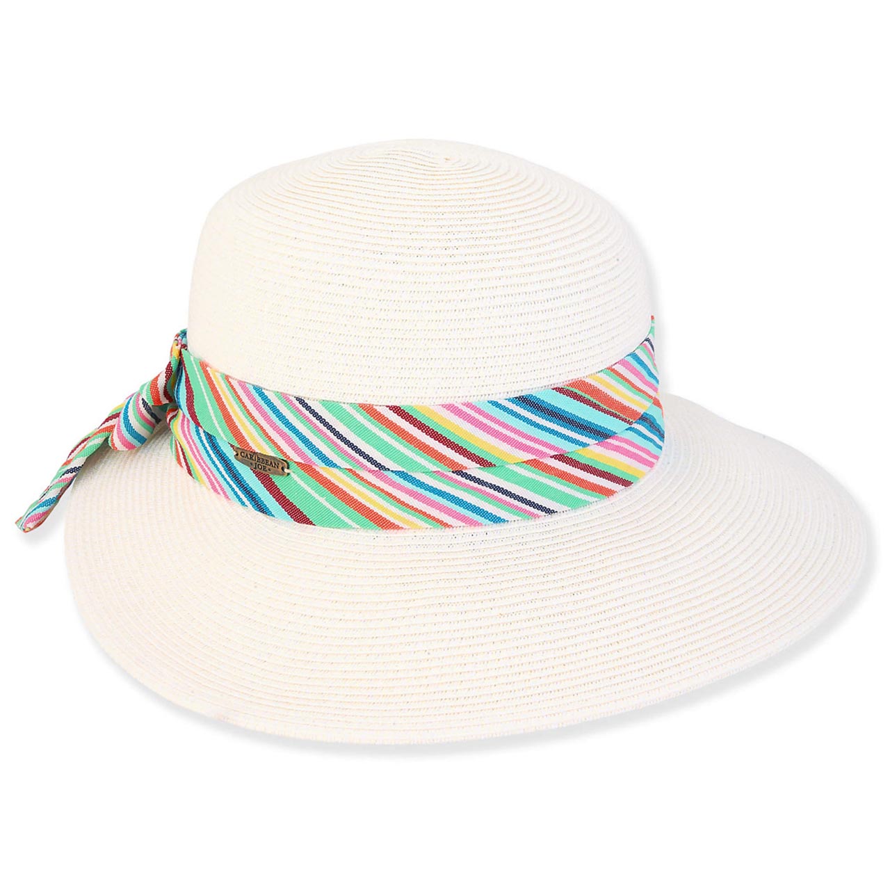 Victoria Sun Hat with Multicolor Striped Scarf - Caribbean Joe Facesaver Hat Caribbean Joe HCJ398 Ivory Medium (57 cm) 