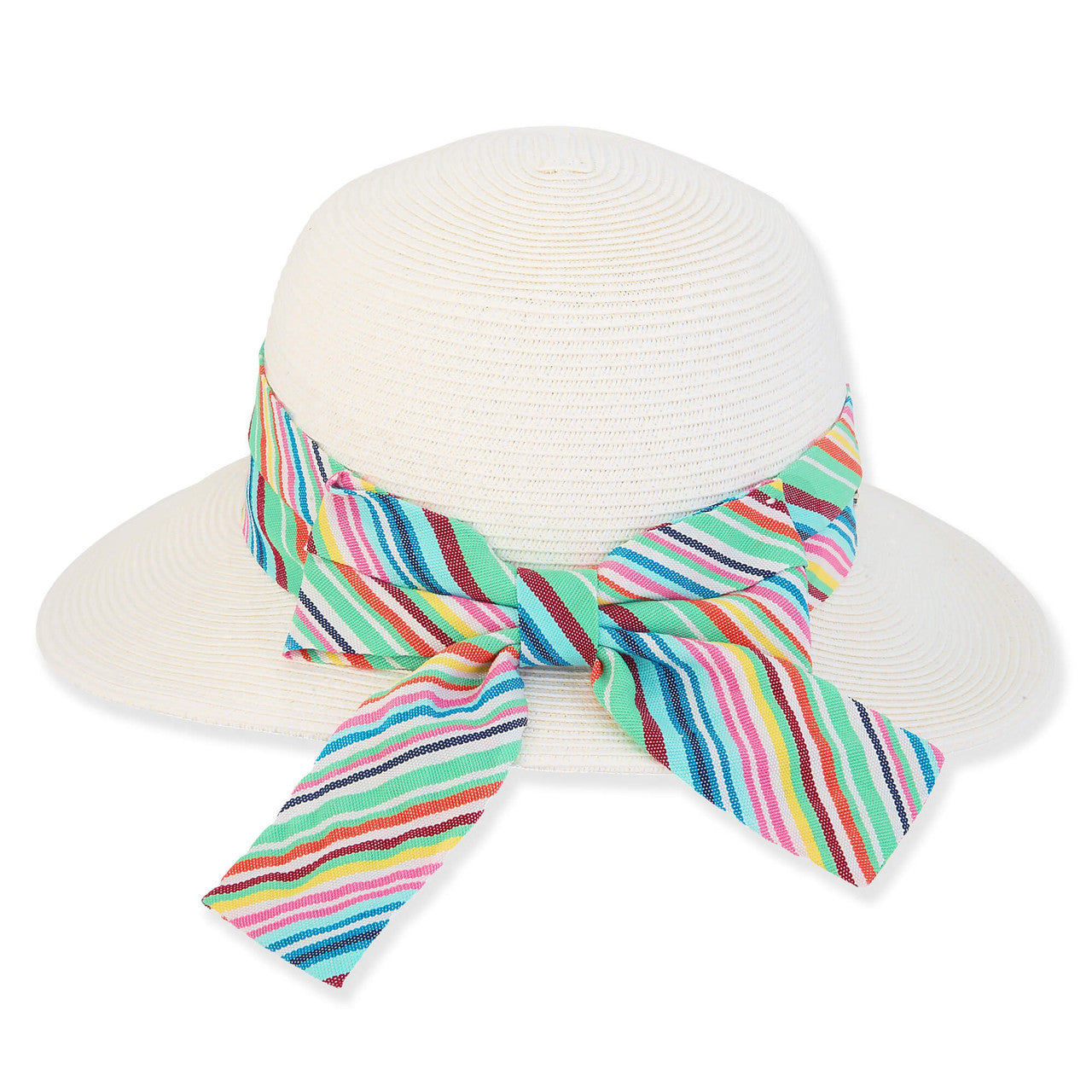 Victoria Sun Hat with Multicolor Striped Scarf - Caribbean Joe Facesaver Hat Caribbean Joe    