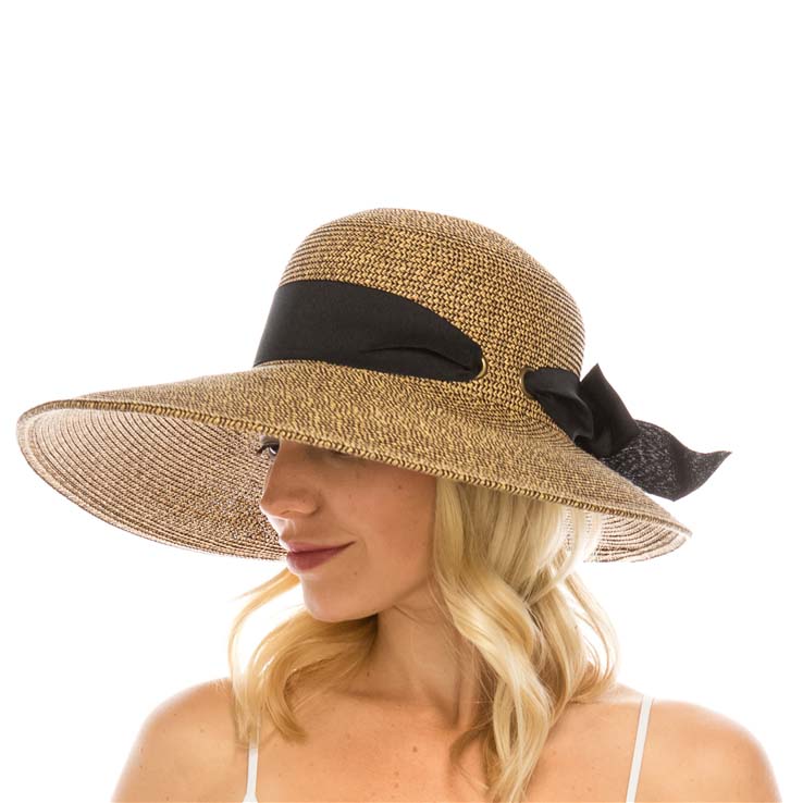 Wide Asymmetrical Brim Summer Hat with Bow - Boardwalk Style