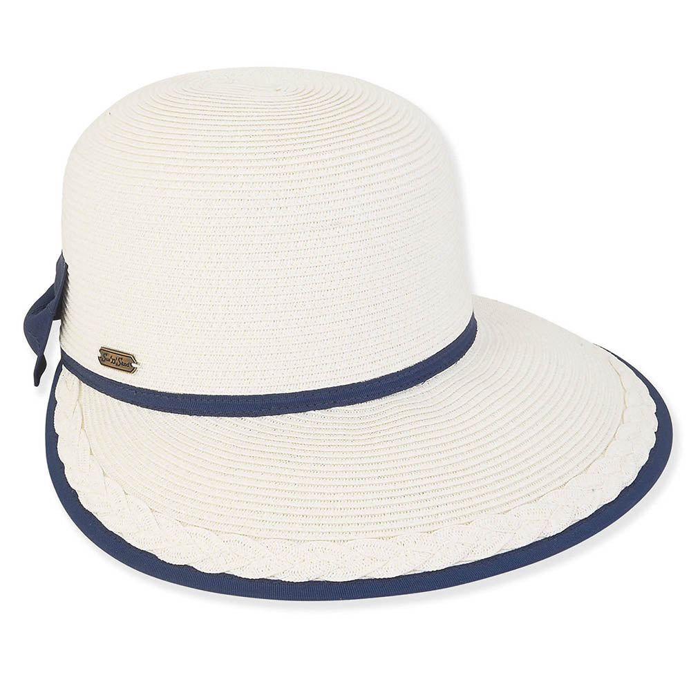 Wide Bill Brim Cap with Ribbon Bow - Sun 'N' Sand Hats Facesaver Hat Sun N Sand Hats HH2990A White / Navy M/L (57-58 cm) 