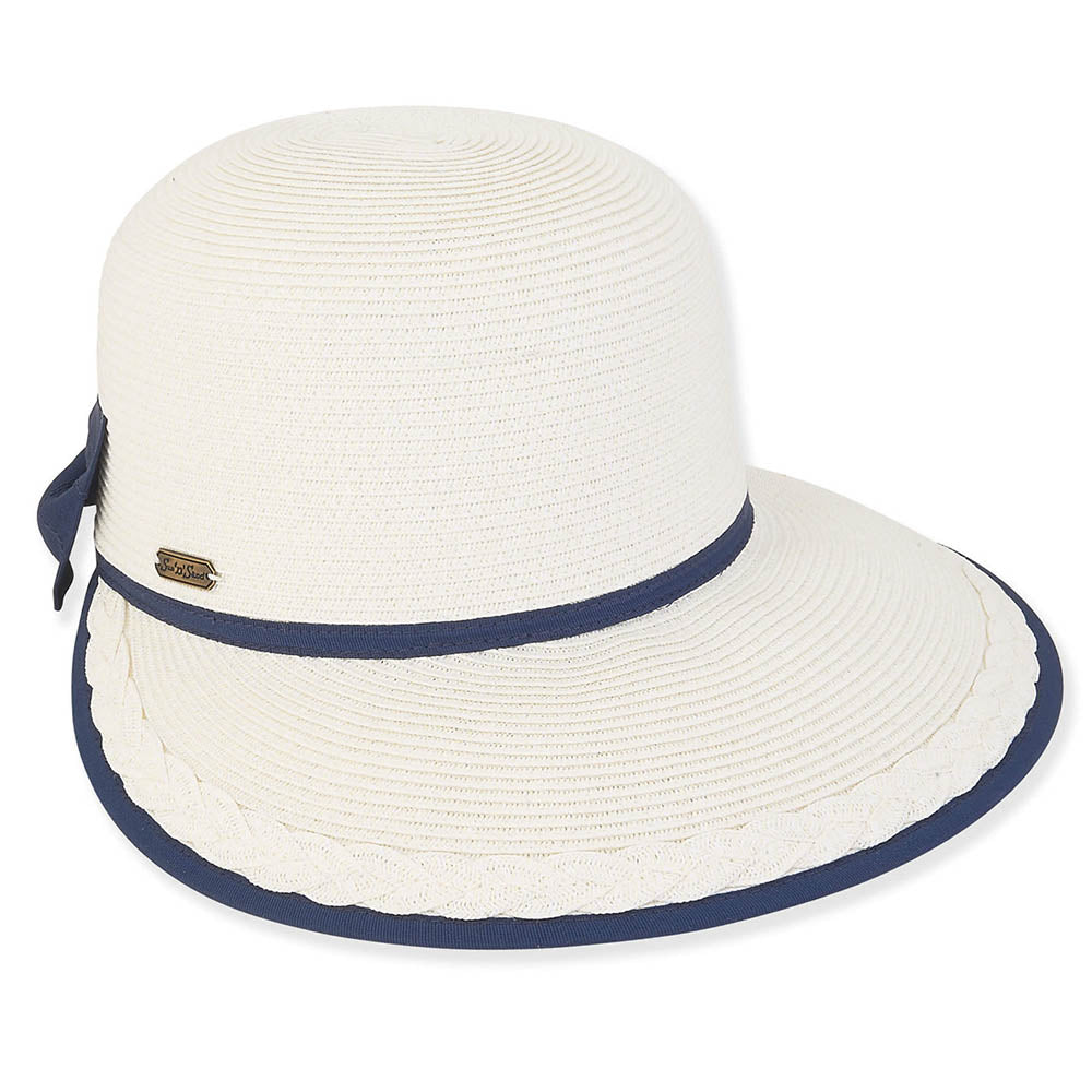 Wide Bill Brim Cap with Ribbon Bow - Sun 'N' Sand Hats Facesaver Hat Sun N Sand Hats HH2990A White / Navy OS (57.5 cm)