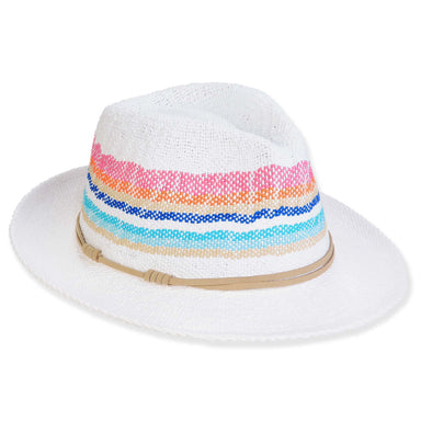 Wide Brim Bangkok Straw Fedora with Colorful Stripes - Sun'N'Sand Hats Fedora Hat Sun N Sand Hats HH3358A White OS (58 cm)