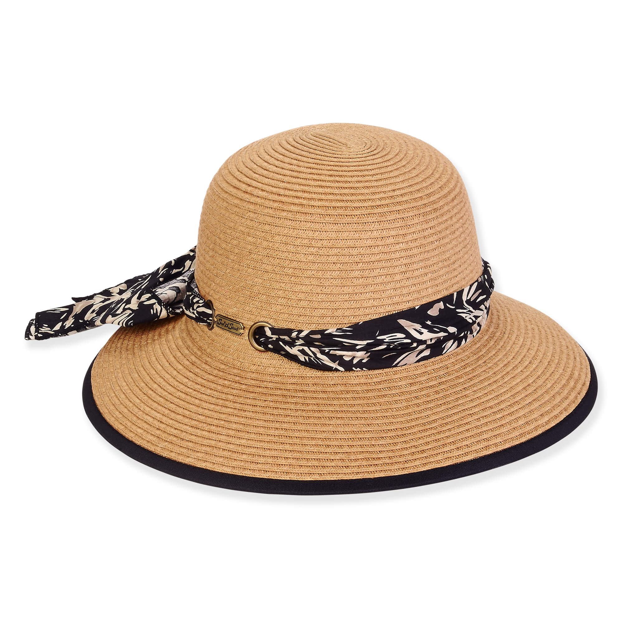 Wide Brim Sun Hat with Print Scarf and Bow - Sun 'N' Sand Hats Wide Brim Hat Sun N Sand Hats HH3224B Tan OS (57 cm)