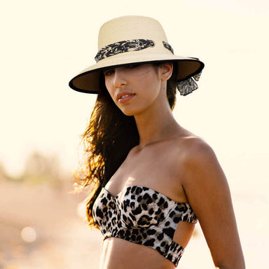 Wide Brim Sun Hat with Print Scarf and Bow - Sun 'N' Sand Hats Wide Brim Hat Sun N Sand Hats