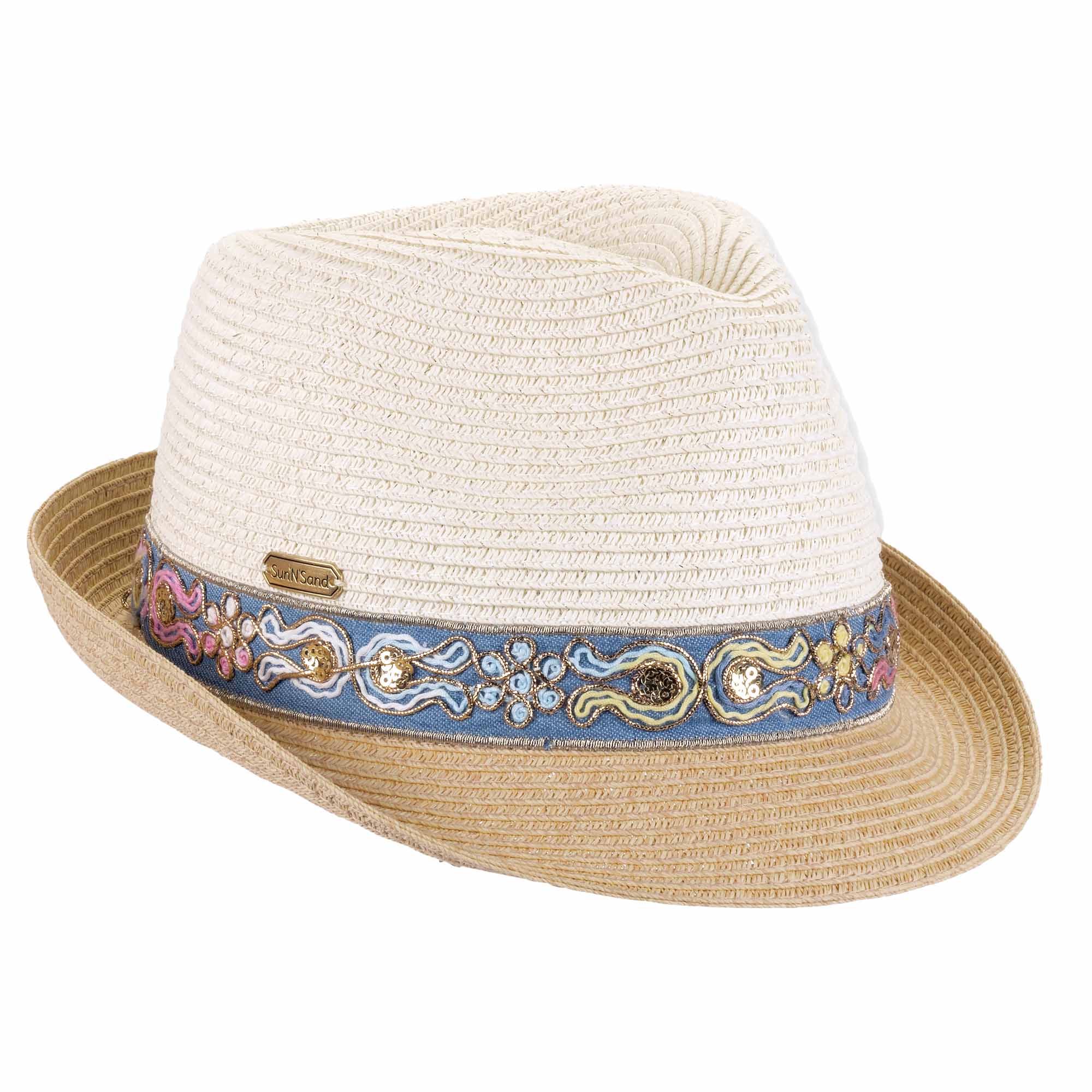 Women's Fedora with Embroidered Denim Band - Sun 'N' Sand® Hats Fedora Hat Sun N Sand Hats HH3512 Ivory L (59 cm)