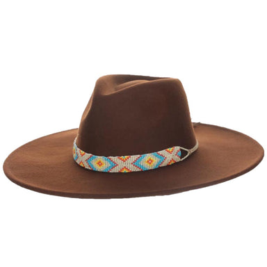 Wool Felt Flat Brim Hat with Tribal Beaded Band - Scala Hats Safari Hat Scala Hats LF280-BRN Brown Medium (57 cm) 