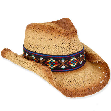 Woven Straw Cowboy Hat with Aztec Pattern Band - Sun 'N' Sand Hats Cowboy Hat Sun N Sand Hats HH3125 Tan 58 cm