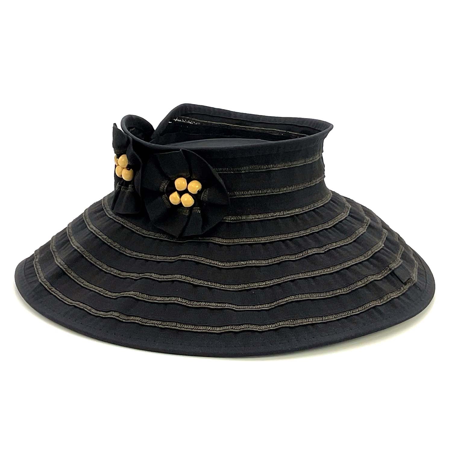Wrap Around Roll Up Sun Visor with Flowers - Milani Hats Visor Cap Milani Hats V02BK Black  