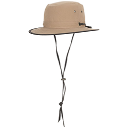 Beige hat with a chin strap on a white background