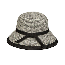 Cloche hat with black trim on white background