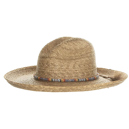 Brown straw cowgirl hat with a wide brim on a white background