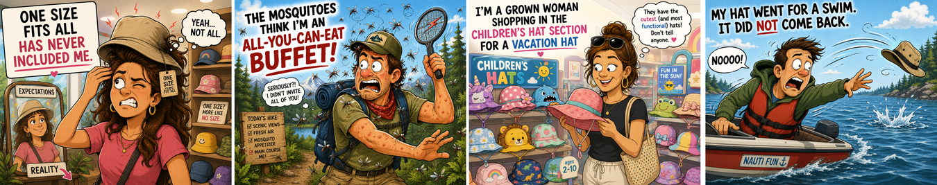 A four-panel comic strip showing a man in a green swimsuit and sunglasses at a buffet, with various people and signs in the background. The panels include text such as 'The Buffet is Full of Mosquitoes!', 'I'm a Grown Woman Serving Sushi', and 'My Hat Went for a Swim!'.