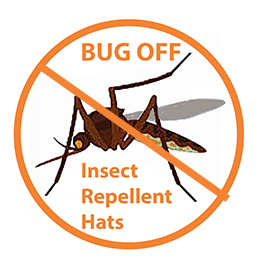 Logo for 'Bug Off' insect repellent hats featuring a mosquito and prohibition symbol.