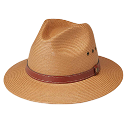 Brown straw men's dress hat with a brown band on a white background