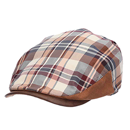 Plaid patterned flat cap for men with brown leather trim on a white background