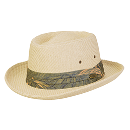 Beige straw gambler hat with a tropical band on a white background