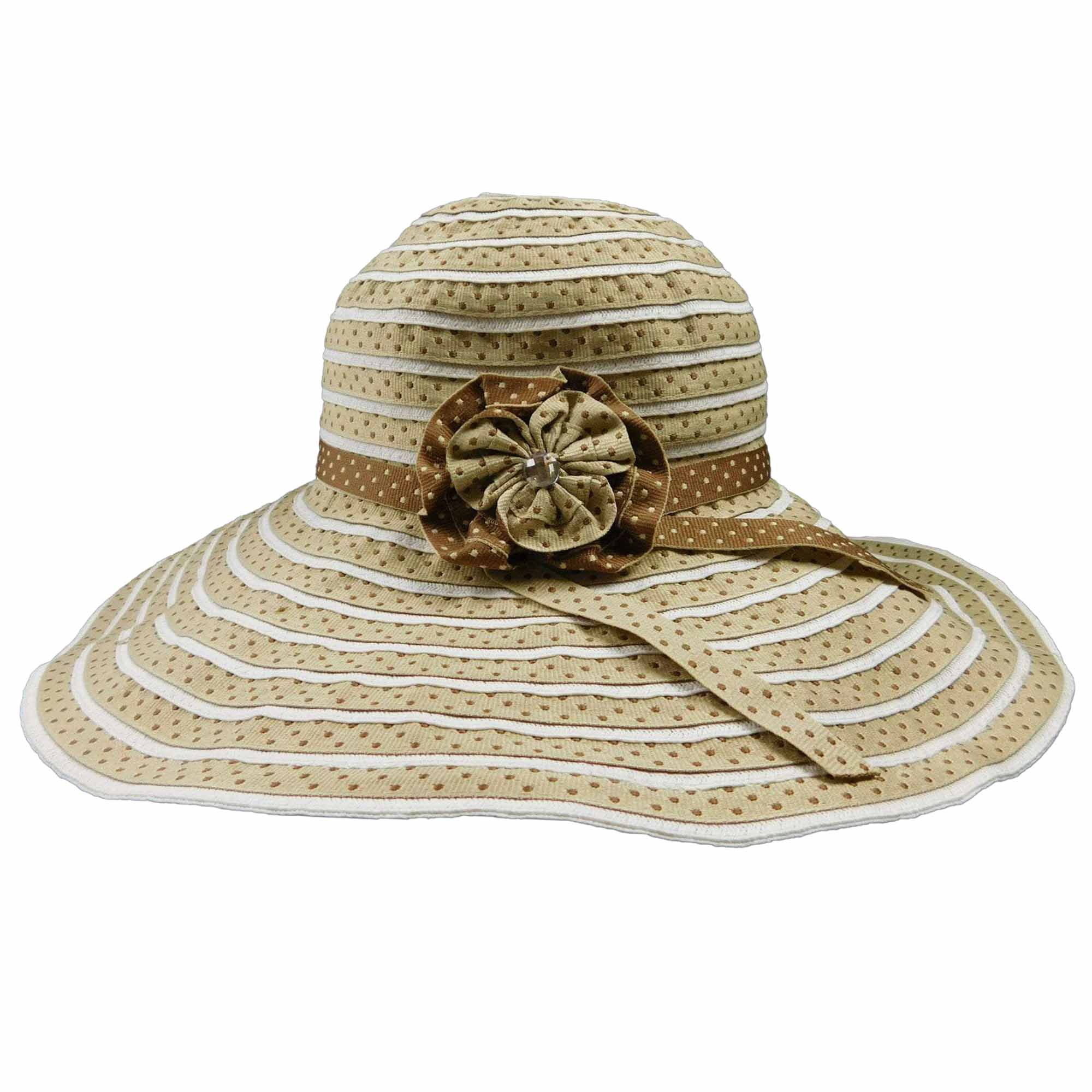 Polka Dot Ribbon Sun Hat with Flower - Jeanne Simmons Hats Wide Brim Sun Hat Jeanne Simmons JS9515-TAUPE Beige