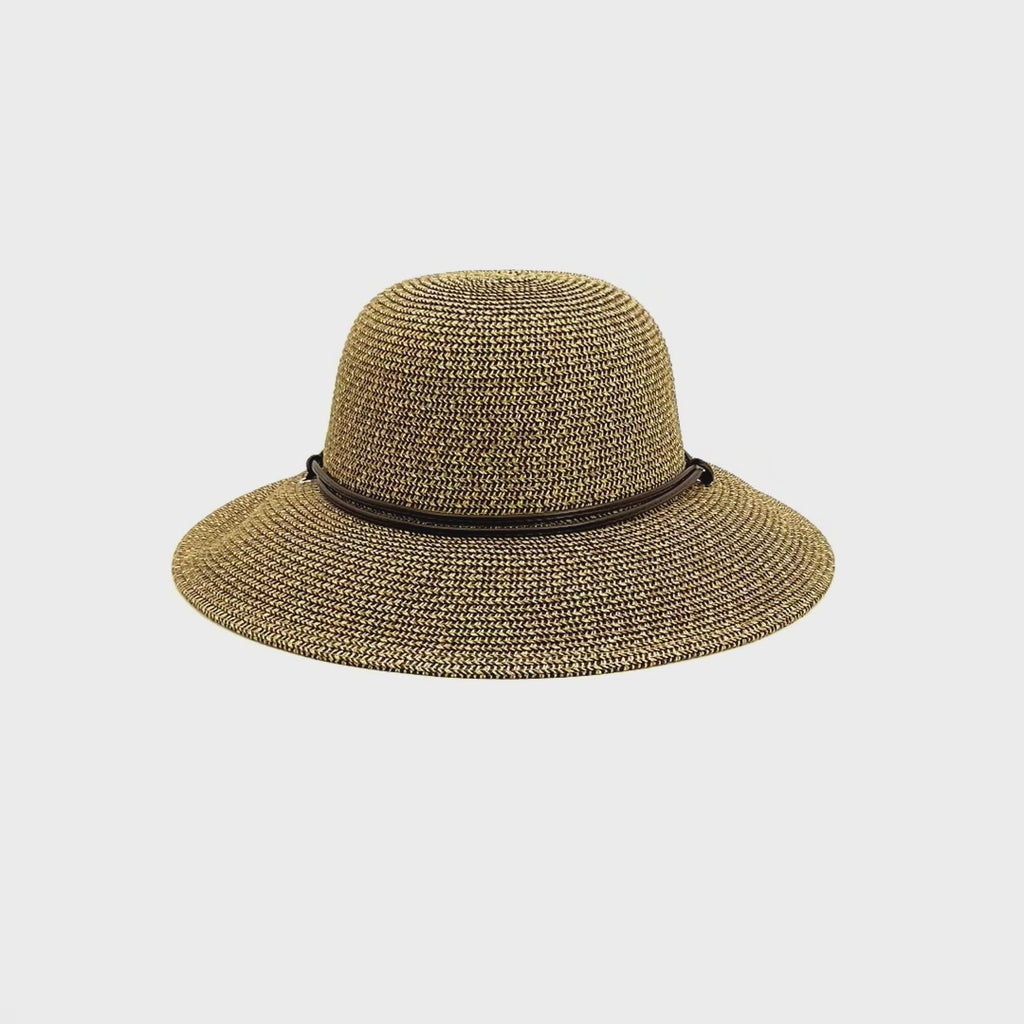 Ladies' sun hat for small heads. Multi tone straw hat with chin strap