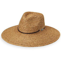 Brown straw safari style hat with a wide brim on a white background