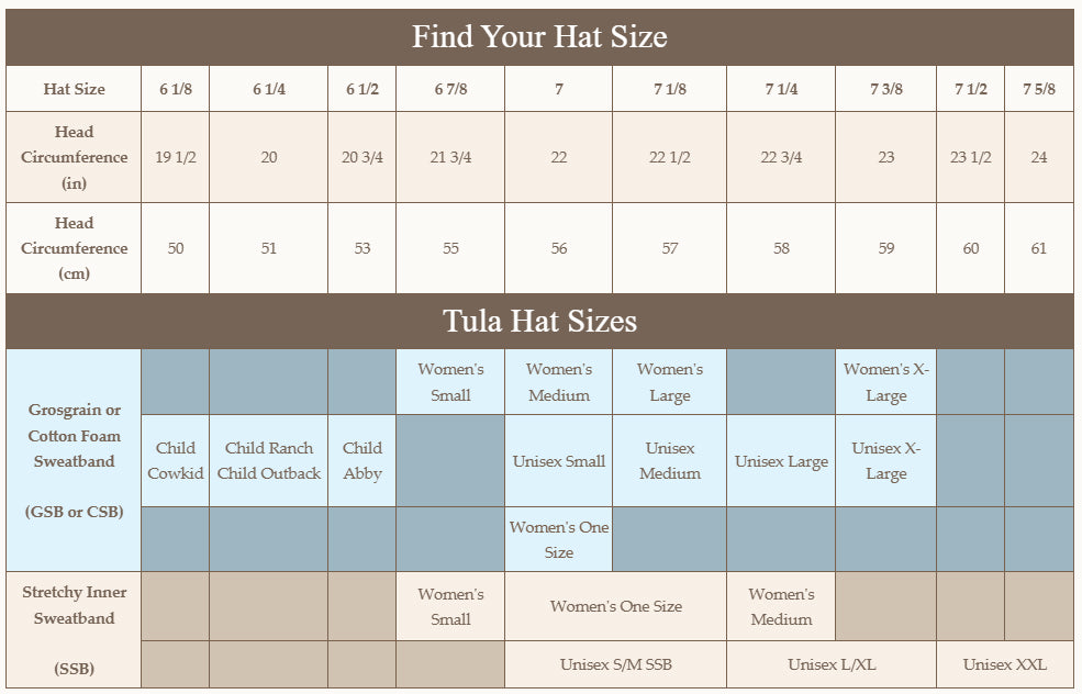 Sierra Burnt Palm Leaf Western Hat - Tula Hats size chart