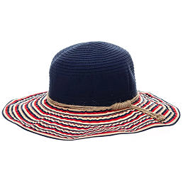 Navy blue wide brim sun hat with a red and white striped brim on a white background