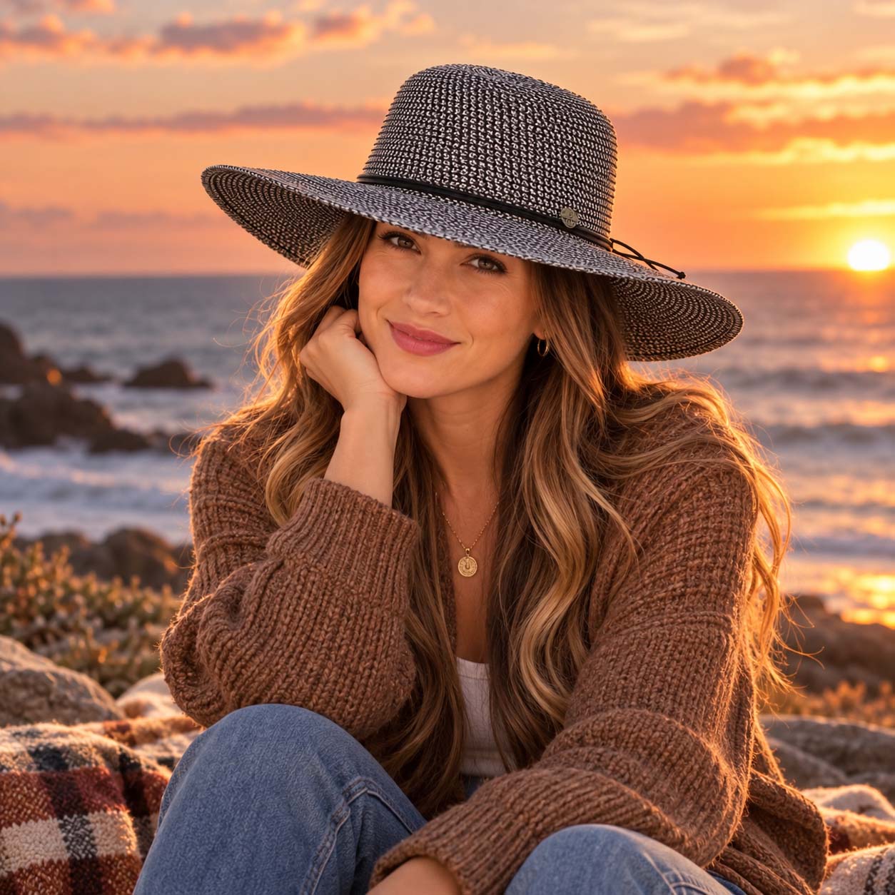 Wide Brim Straw Sun Hat with Chin Strap - Scala Hats Wide Brim Sun Hat Scala Hats
