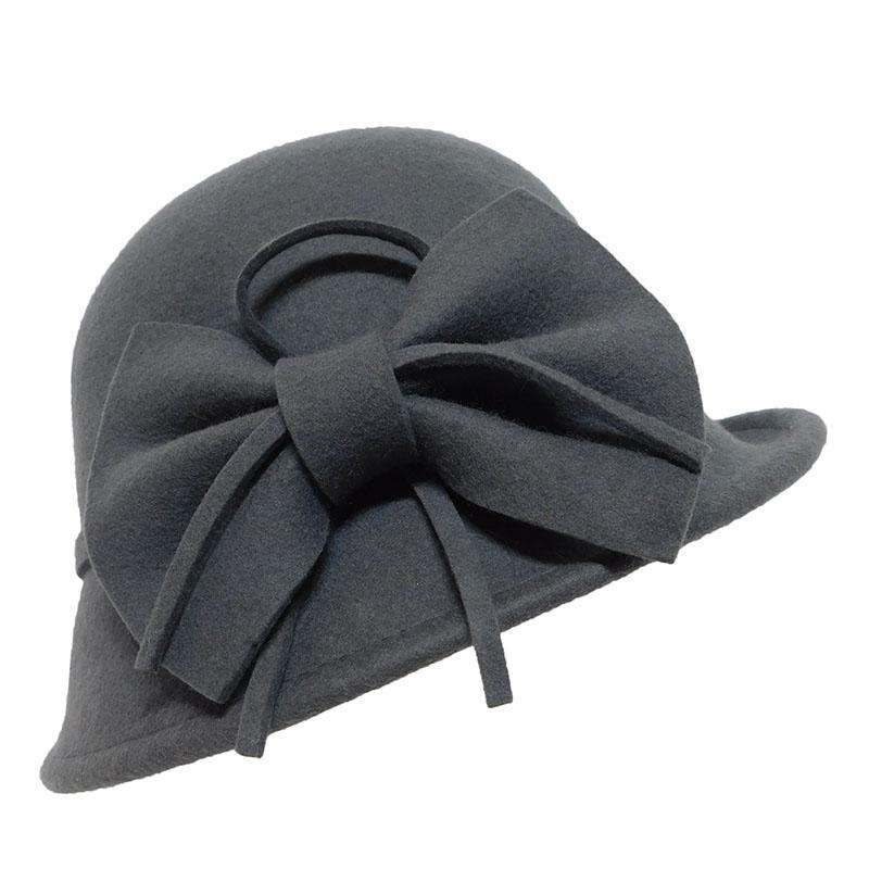 Slanted Brim Wool Felt Cloche with Big Bow by JSA for Women Cloche Jeanne Simmons js7392GY Grey  