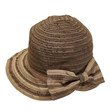 Sheer Ribbon Cloche Hat with Striped Brim and Bow - Boardwalk Style Cloche Boardwalk Style Hats DA692BN Brown OS (57 cm) 