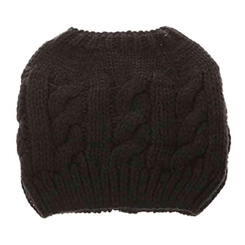 Cable Knit Messy Bun Beanie - DNMC Beanie Boardwalk Style Hats da7015 Black M/L (58 cm) 