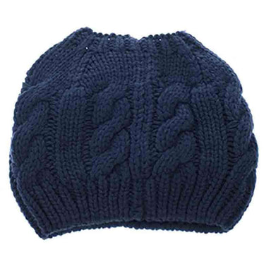 Cable Knit Messy Bun Beanie - DNMC Beanie Boardwalk Style Hats da7015 Navy M/L (58 cm) 