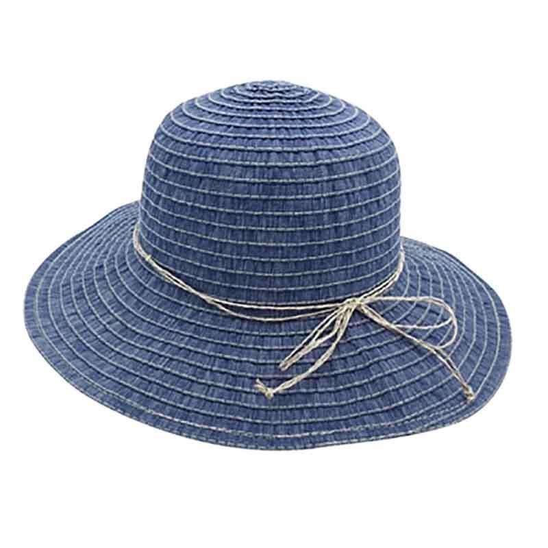 Denim Ribbon Sun Hat with Straw String Bow Wide Brim Hat Boardwalk Style Hats da781NV Navy Medium (57 cm) 