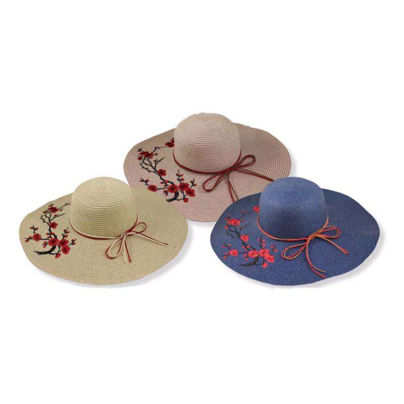 Embroidered Red Blossom Tree Sun Hat for Women Floppy Hat Jeanne Simmons JS8061NT Natural  