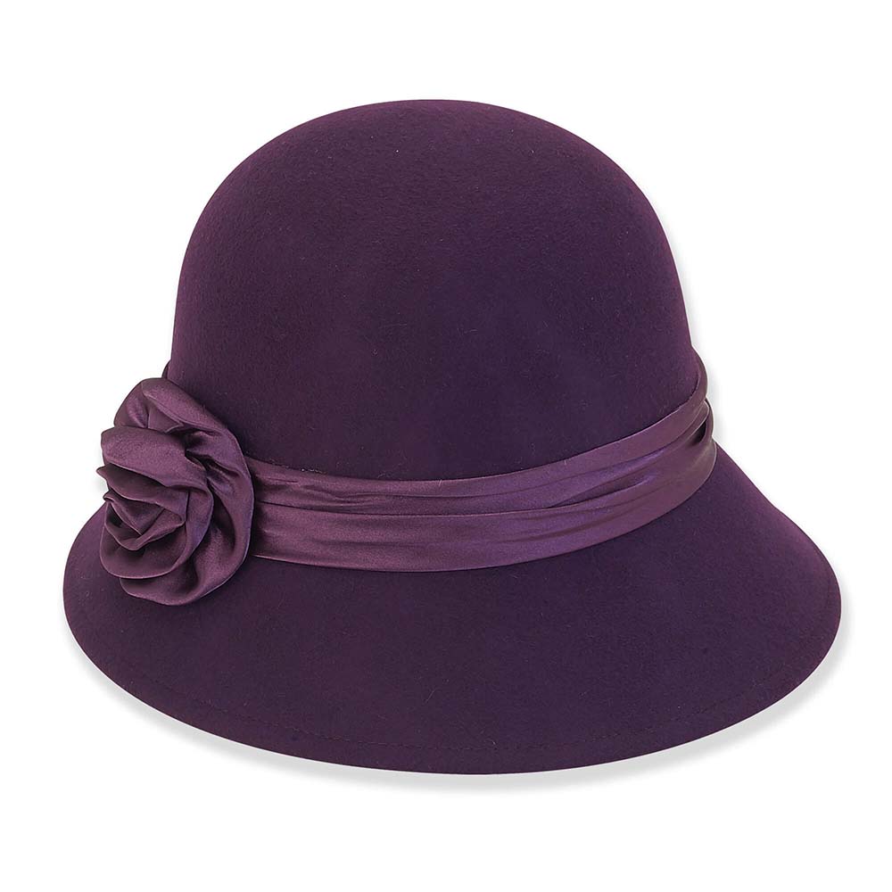 Adora® Wool Hat - Aubergine Cloche with Satin Rose Cloche Adora Hats AD1283B Eggplant Medium (57 cm) 