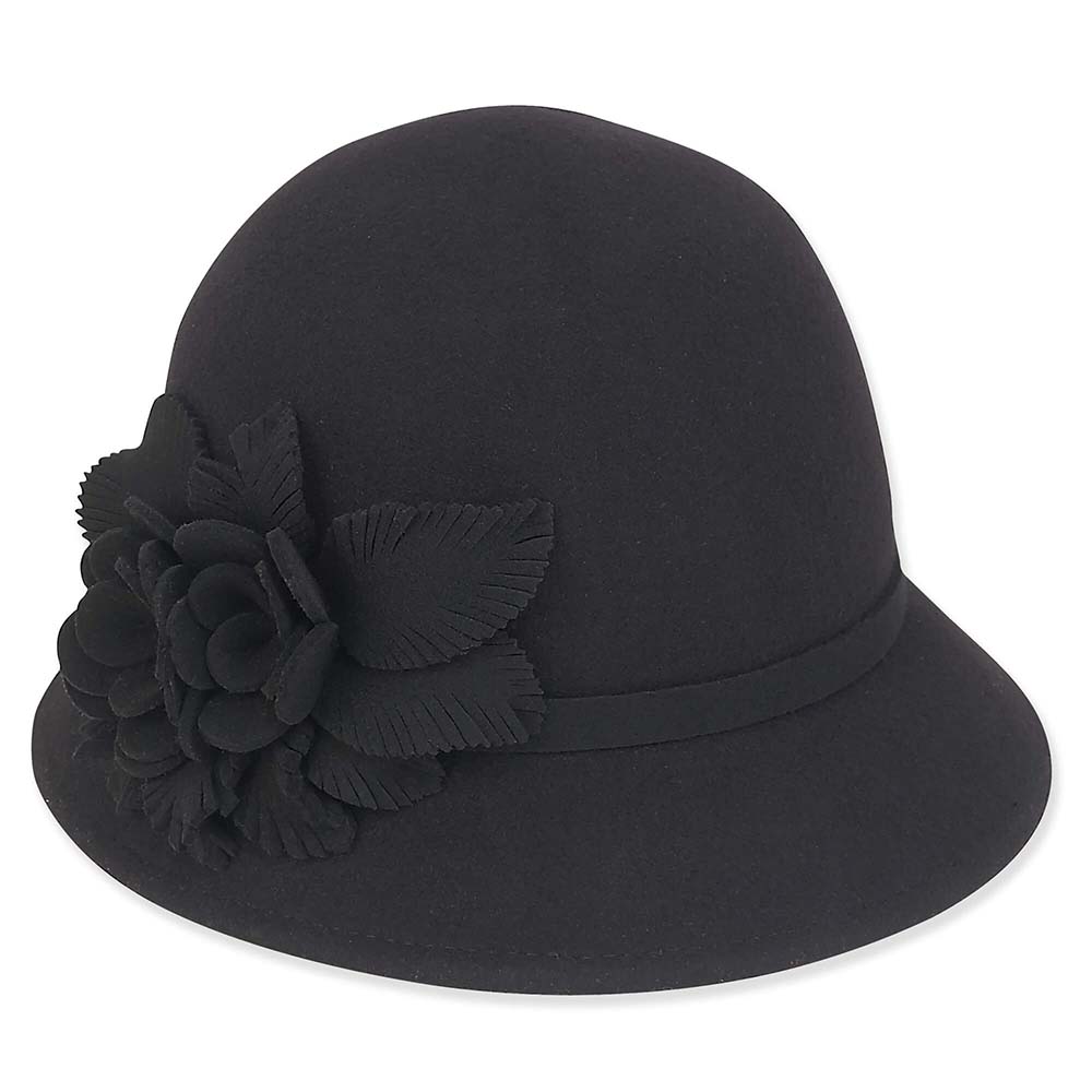 Adora® Wool Hat - Wool Felt Cloche with Self Floral Duo Cloche Adora Hats AD984A Black Medium (57 cm) 