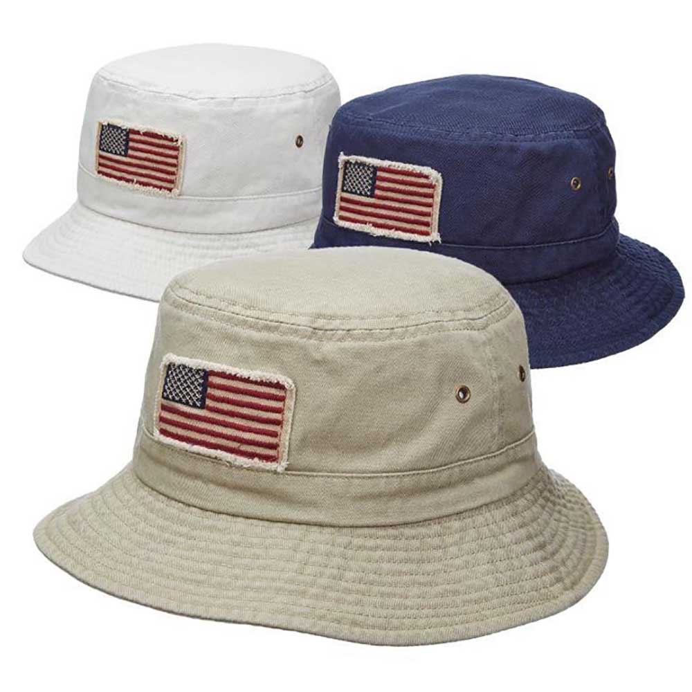 Homage Garment Washed Twill Bucket Hat with American Flag - DPC Hats Khaki / M (57 cm)