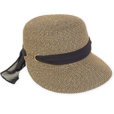 Straw Brim Cap Hat with Sash - Sun 'N' Sand Hats Facesaver Hat Sun N Sand Hats HH2416C Black Tweed M/L (58 cm) 