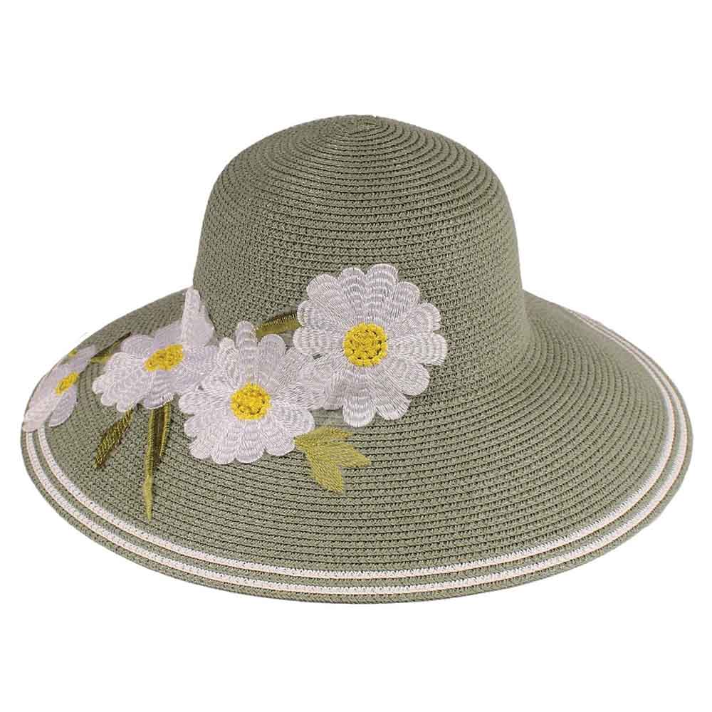 Big Brim Summer Hat with Embroidered Flower Accent - Jeanne Simmons Green / Medium (57 cm)
