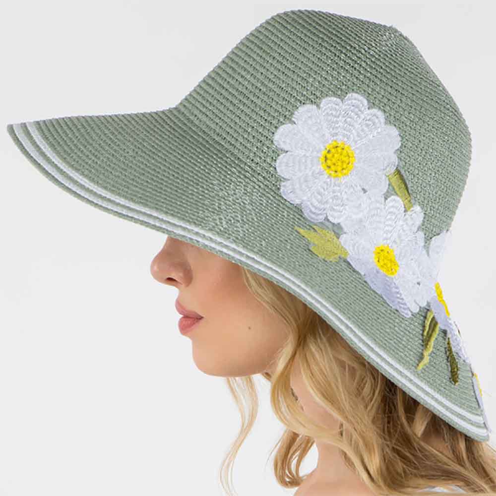 Big Brim Summer Hat with Embroidered Flower Accent - Jeanne Simmons, Wide Brim Hat - SetarTrading Hats 