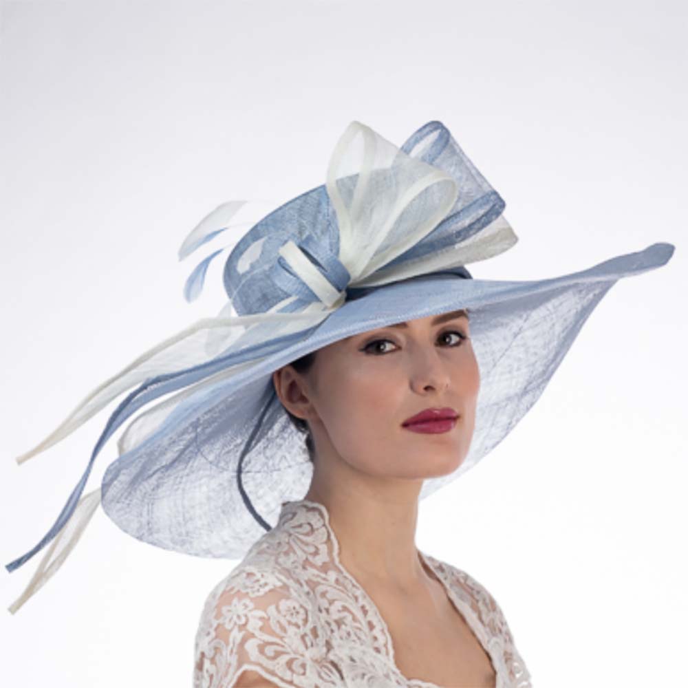 Blue and Ivory Long Bow Wide Brim Derby Hat - KaKyCO, Dress Hat - SetarTrading Hats 
