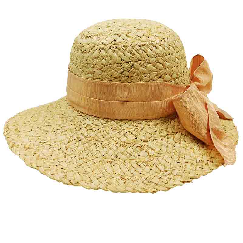 Raffia Wide Brim Sun Hat with Metallic Chiffon Bow - Santa Rosa Cappelli Gold / Medium (57 cm)