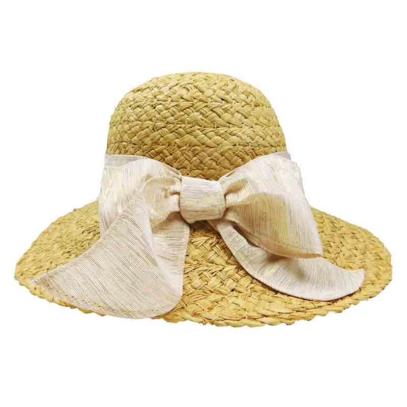 Raffia Wide Brim Sun Hat with Metallic Chiffon Bow - Santa Rosa Cappelli Wide Brim Sun Hat Cappelli Straworld csw327gd Gold Medium (57 cm) 